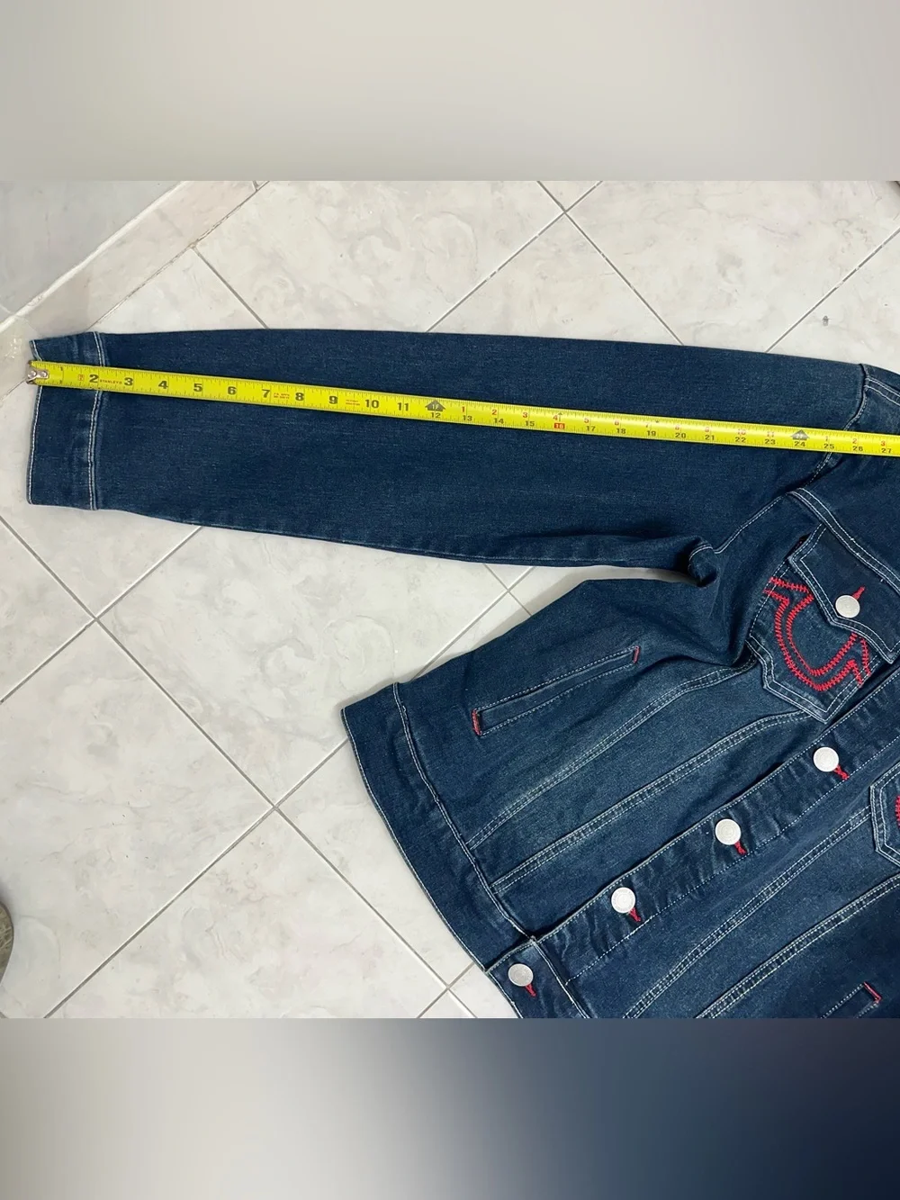 True Religion Denim Jacket Red Ladder Stitch Men’s siz M Dark Wash MSRP $184 New